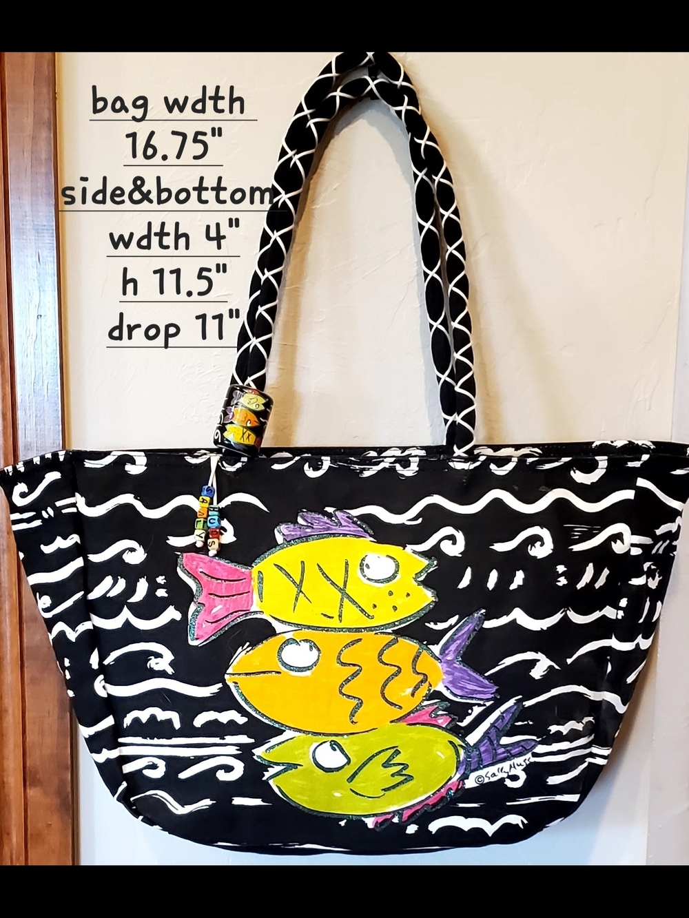 Hand-Painted Black Tote with Colorful Fish Motif